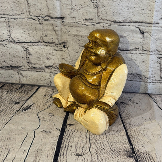 Cream & Bronze 15cm x 15cm Large Chinese Buddha Sitting On Lotus Statue Resin0