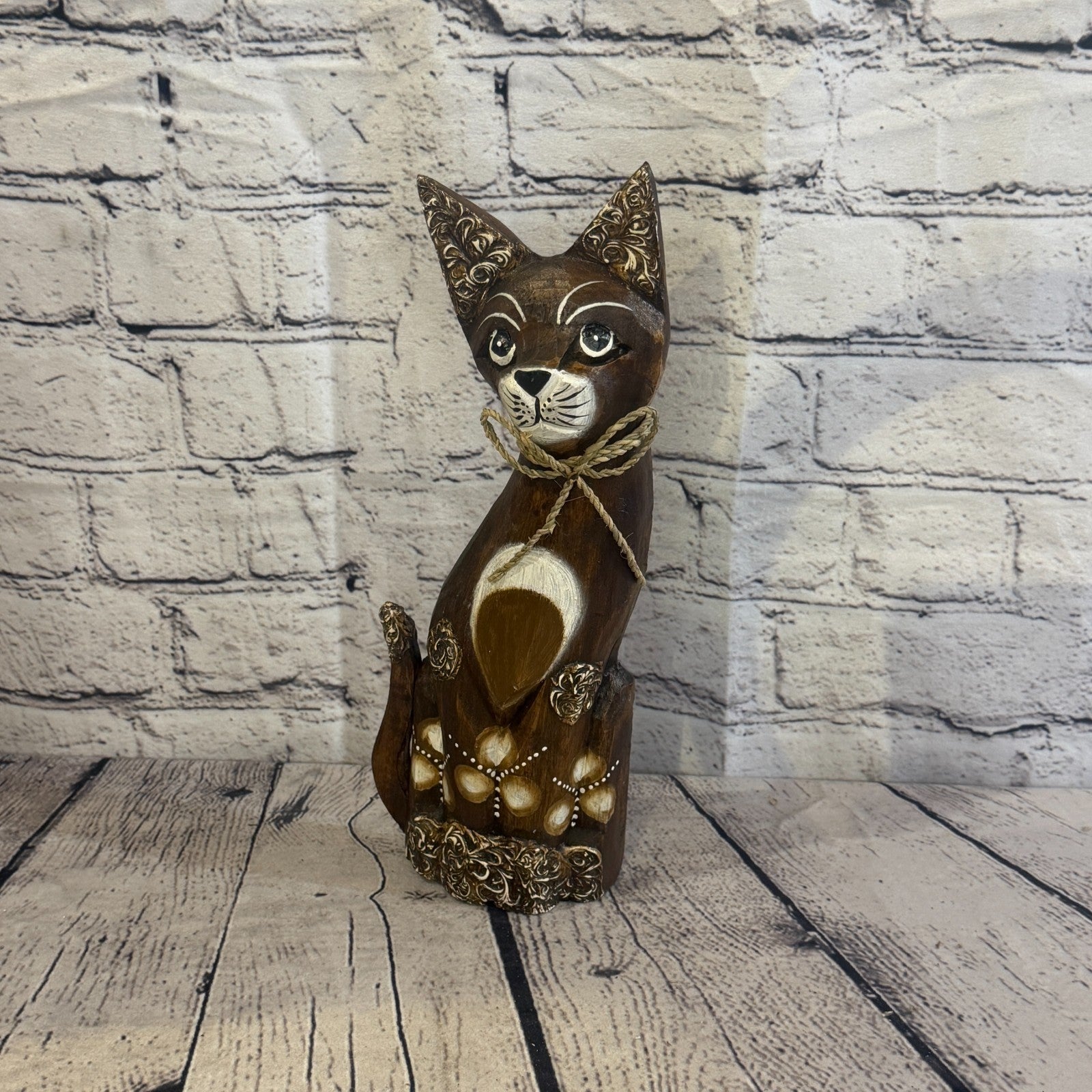 30cm Brown Silver Dots Wooden Shabby Cat Statue Ornament Fair Trade Handcarved1