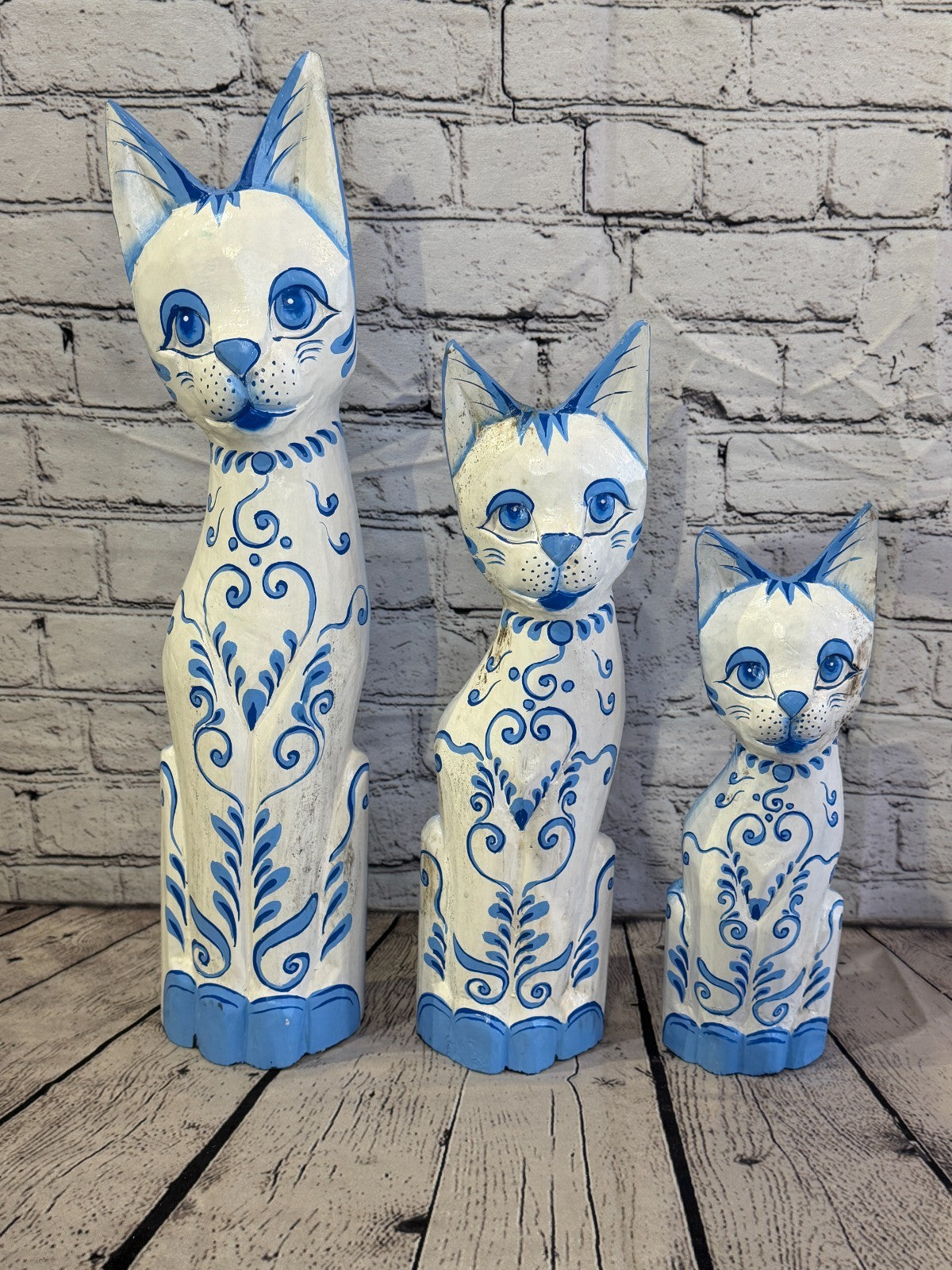 50cm Blue White Flower Wooden Shabby Cat Statue Ornament Fair Trade Handcarved8