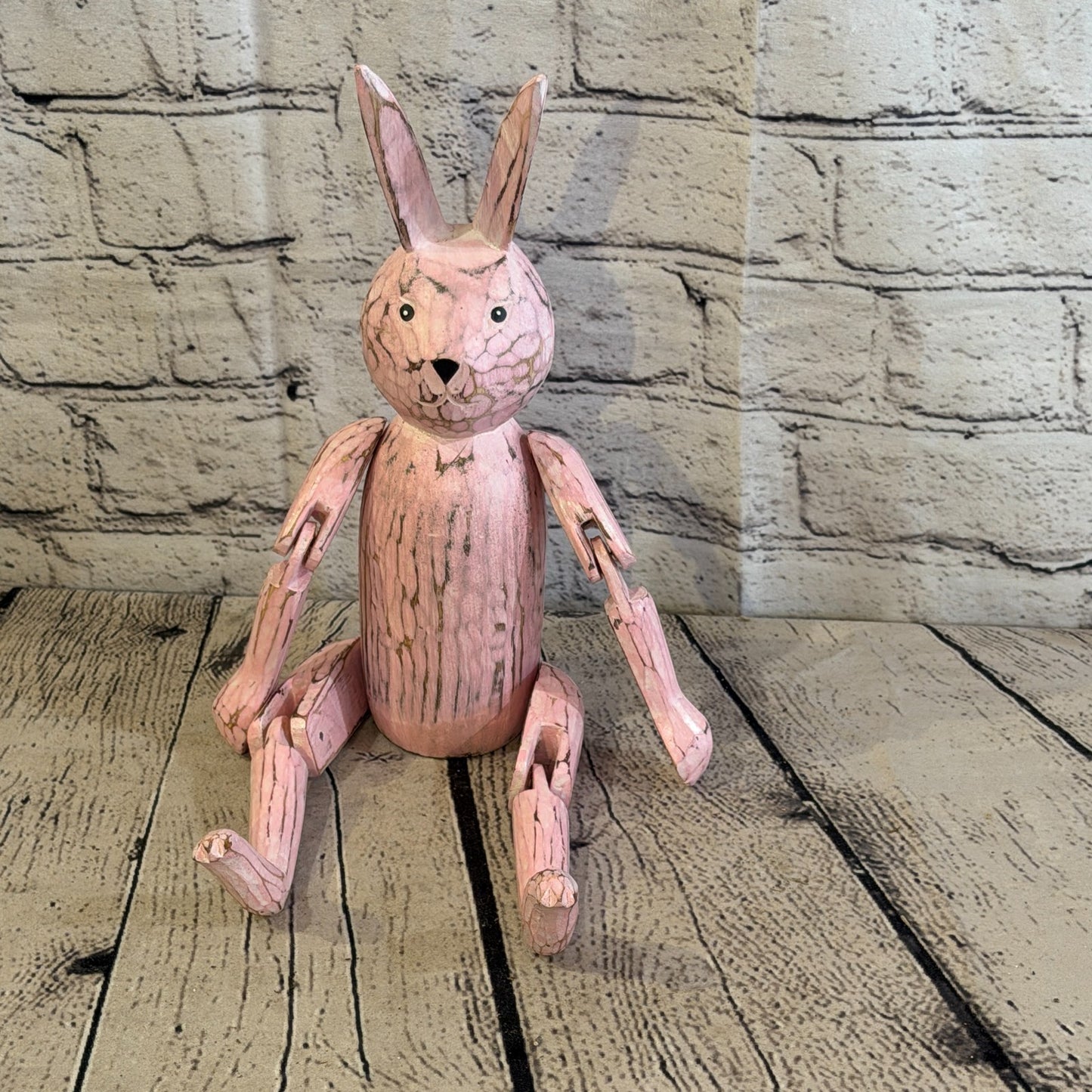 25cm Pink Bunny Rabbit Sitting Animal, Wooden Shelf Ornament Handmade Fairtrade1