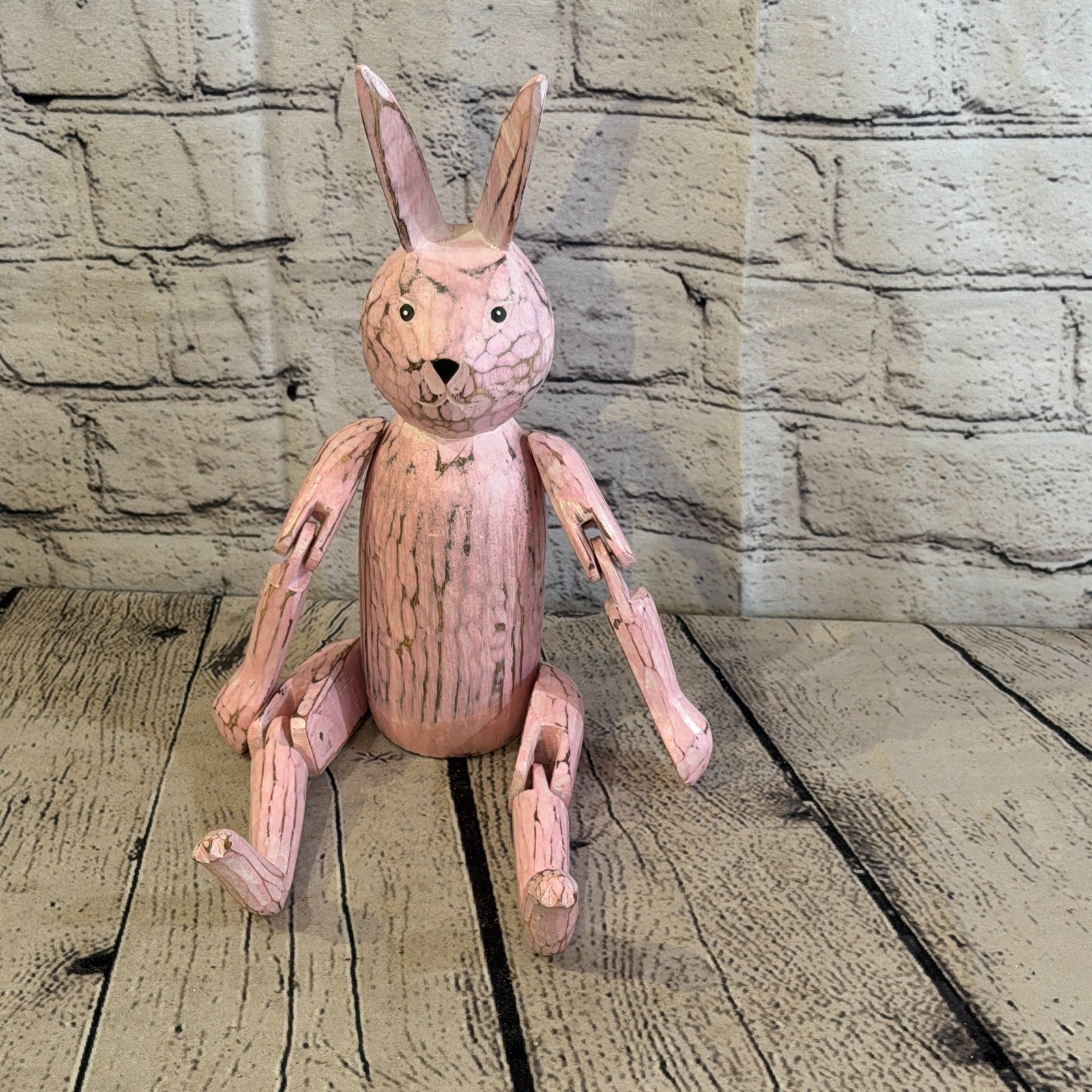 25cm Pink Bunny Rabbit Sitting Animal, Wooden Shelf Ornament Handmade Fairtrade1