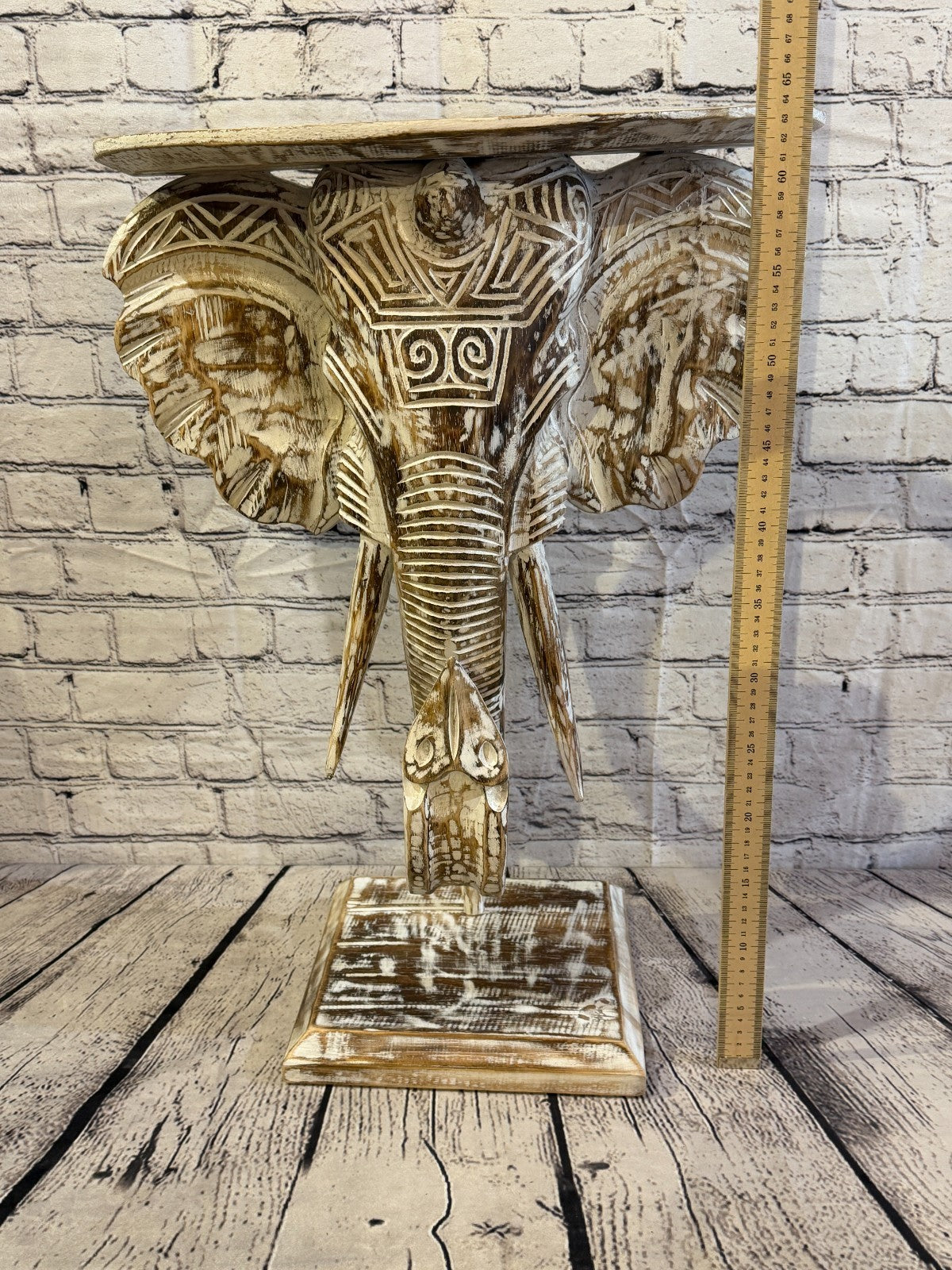 50cm x 45cm Brown Carved Wood Elephant Head Shelf Wall Mounted Art Large Shabby7