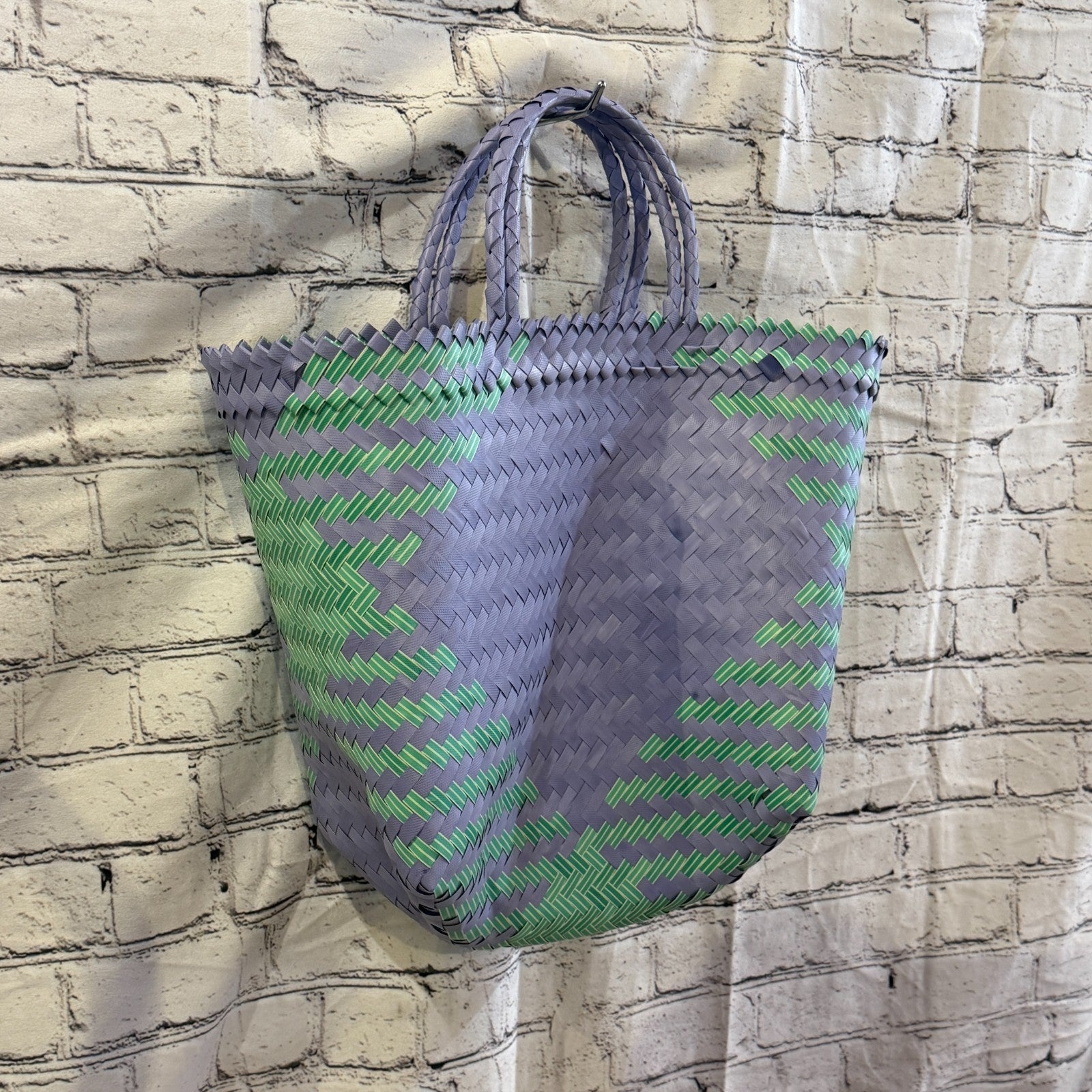 Green Purple 40cm Handwoven Tote Bag Recycled Plastic Eco-Friendly Market Beach0