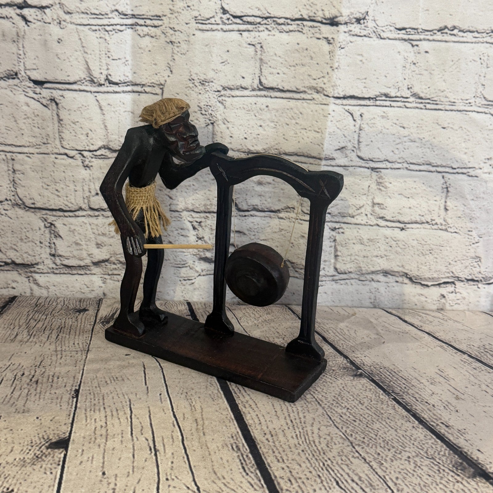 20cm Gong Playing African Tribal Warrior Man Figure Statue Wood Hand Carved0