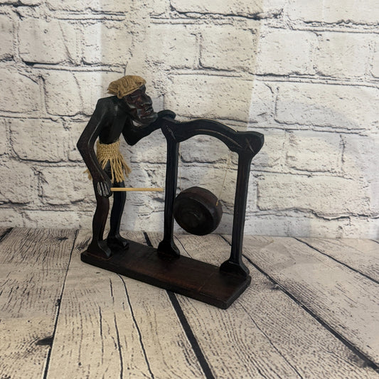 20cm Gong Playing African Tribal Warrior Man Figure Statue Wood Hand Carved0