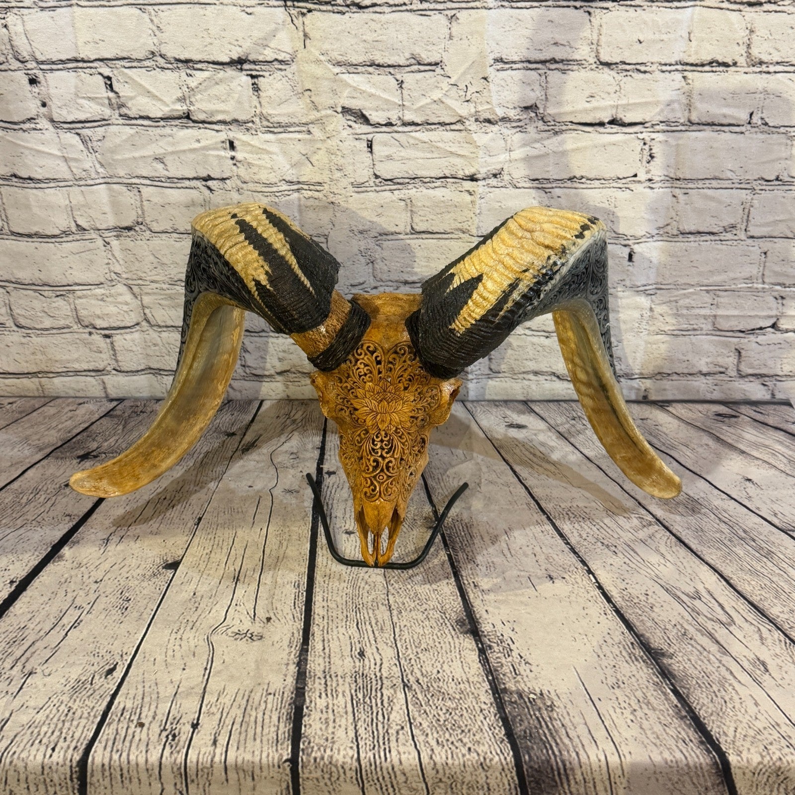 30cm Carved Buffalo Ram Wild Skulls Wall Hanging Carved With Stand Design 37