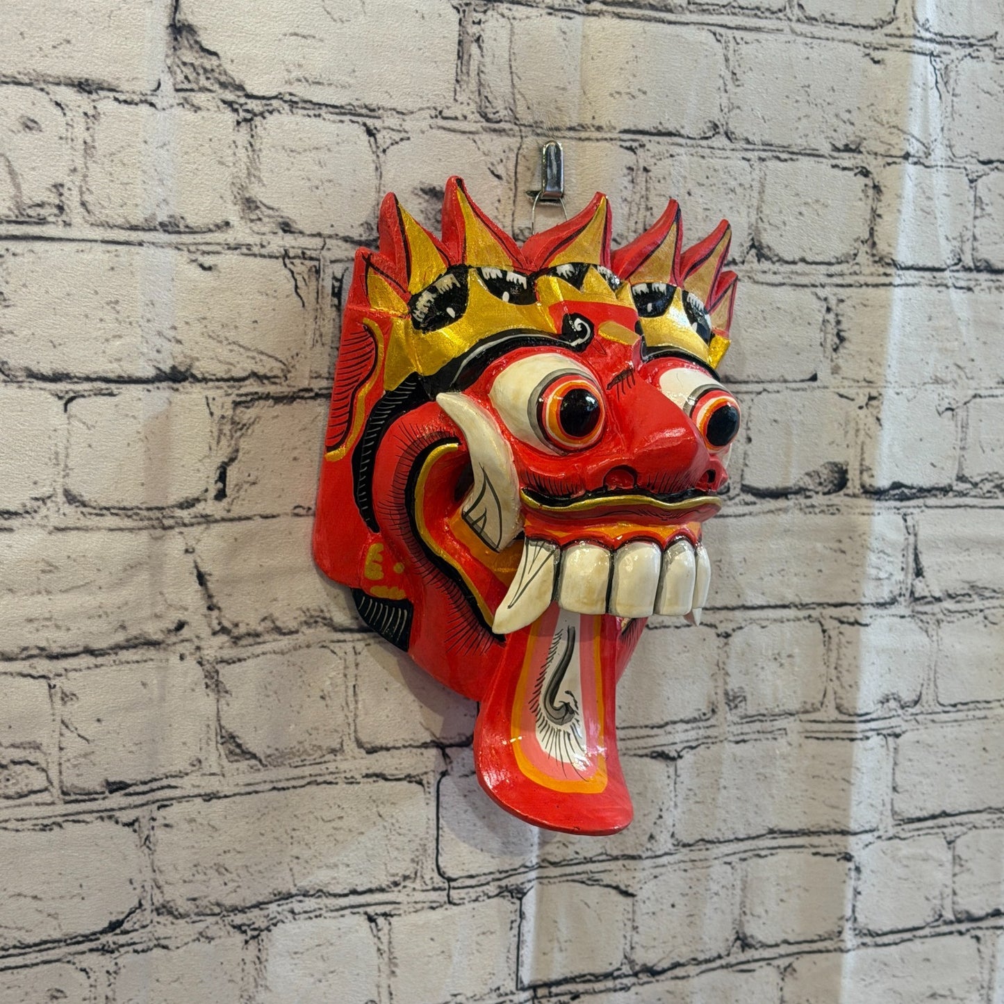 25cm Rangda Demon Red Dragon Hindu Deity Wooden Hand Carved Mask Painted0