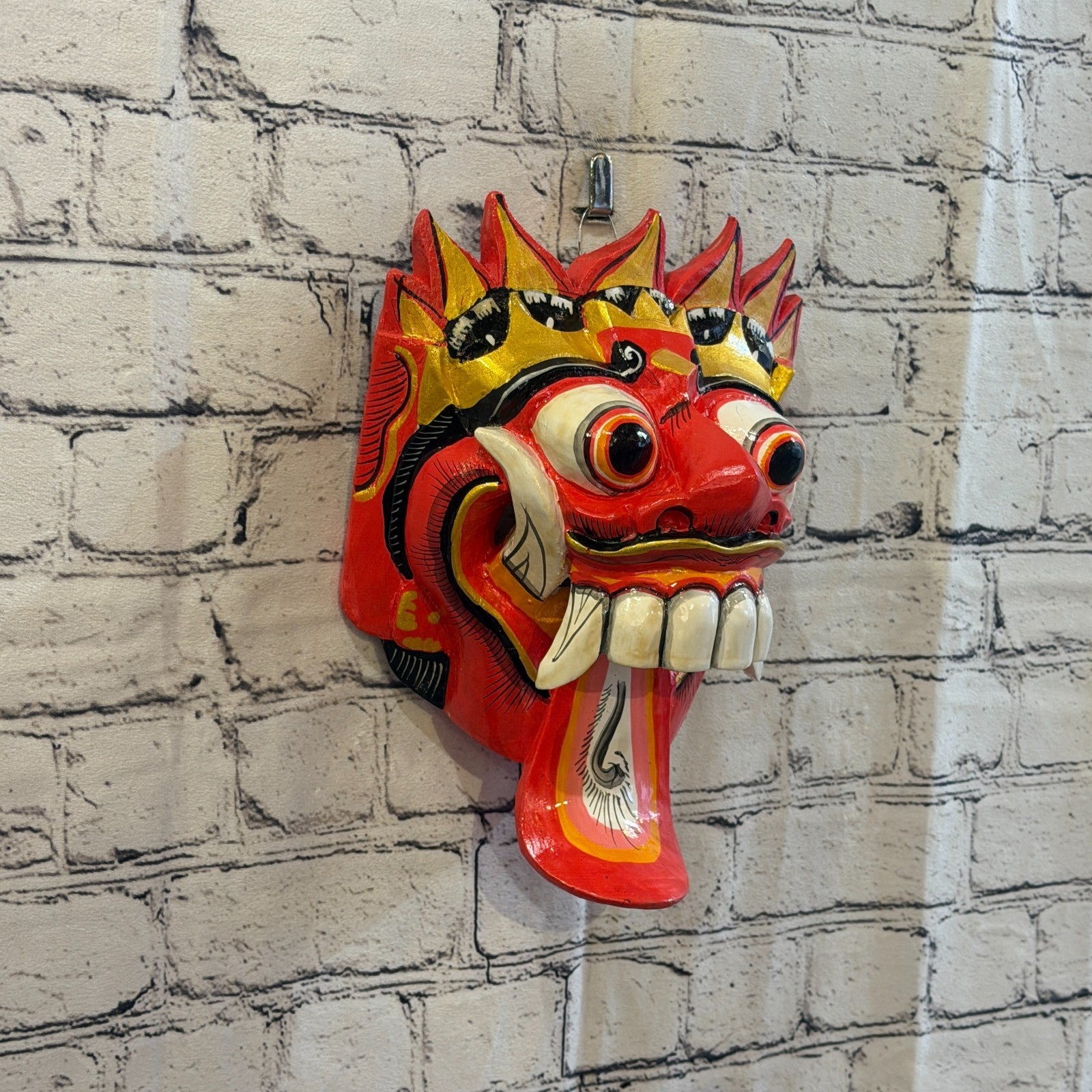 25cm Rangda Demon Red Dragon Hindu Deity Wooden Hand Carved Mask Painted0