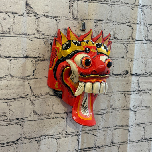 25cm Rangda Demon Red Dragon Hindu Deity Wooden Hand Carved Mask Painted0