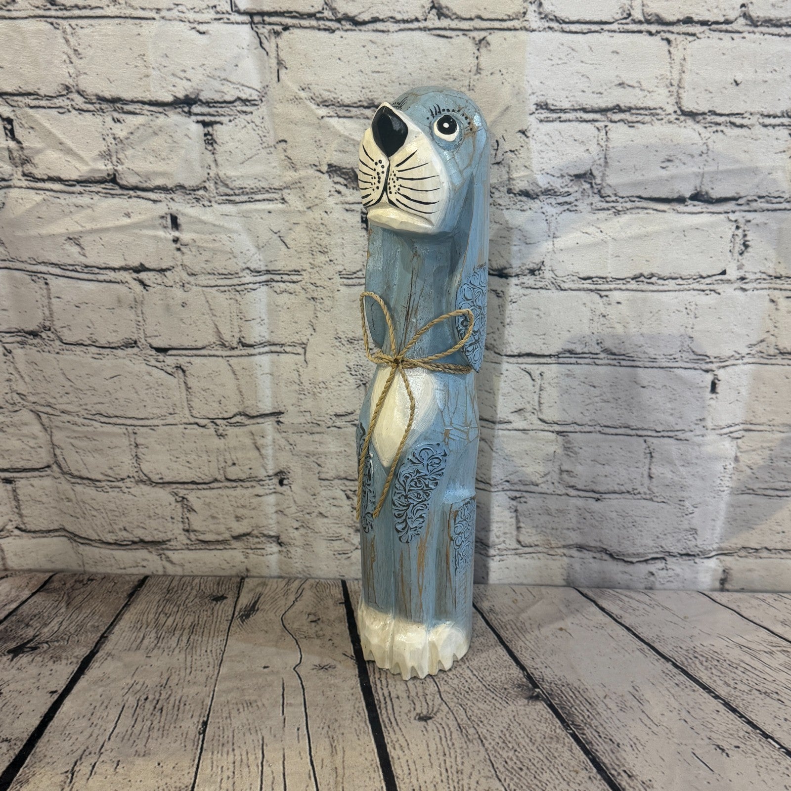 40cm Light Blue Wooden Shabby Dog Statue Ornament Fair Trade Handcarved0