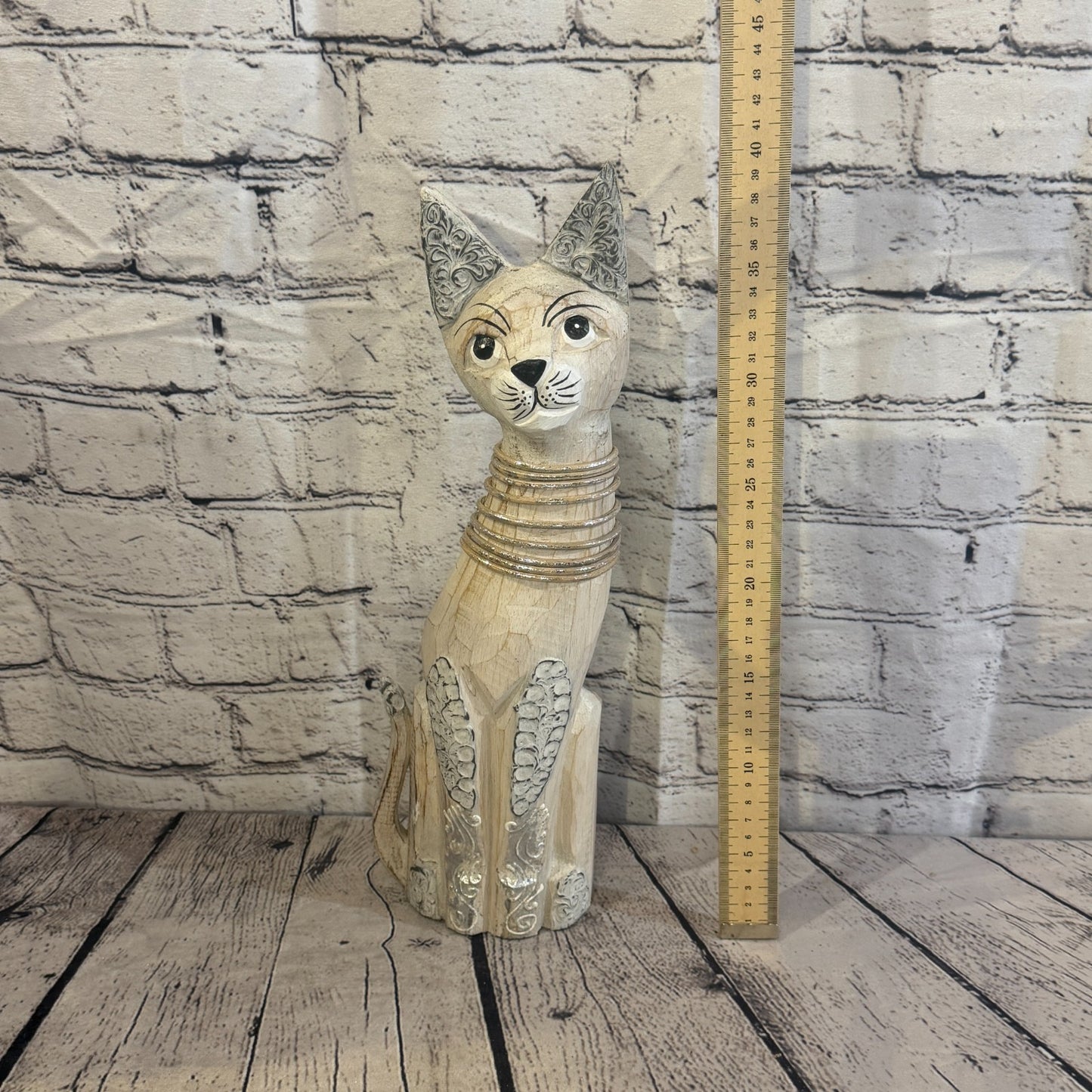 40cm White Silver Dots Wooden Shabby Cat Statue Ornament Fair Trade Handcarved5
