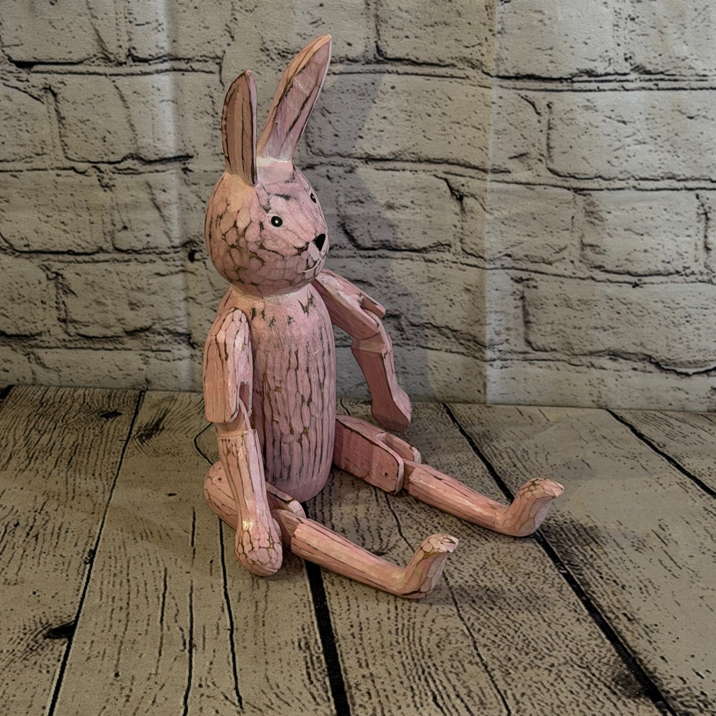25cm Pink Bunny Rabbit Sitting Animal, Wooden Shelf Ornament Handmade Fairtrade2