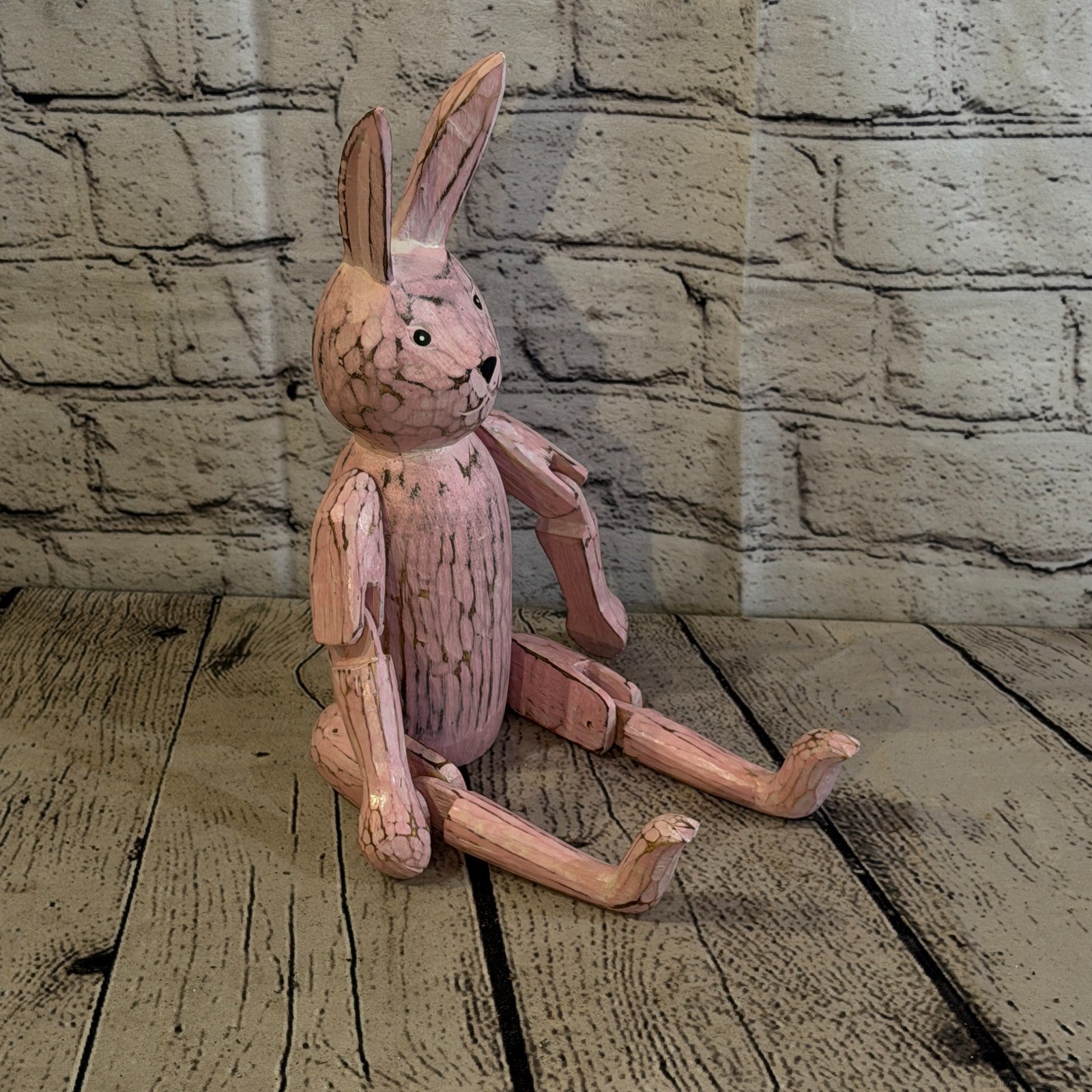 25cm Pink Bunny Rabbit Sitting Animal, Wooden Shelf Ornament Handmade Fairtrade2