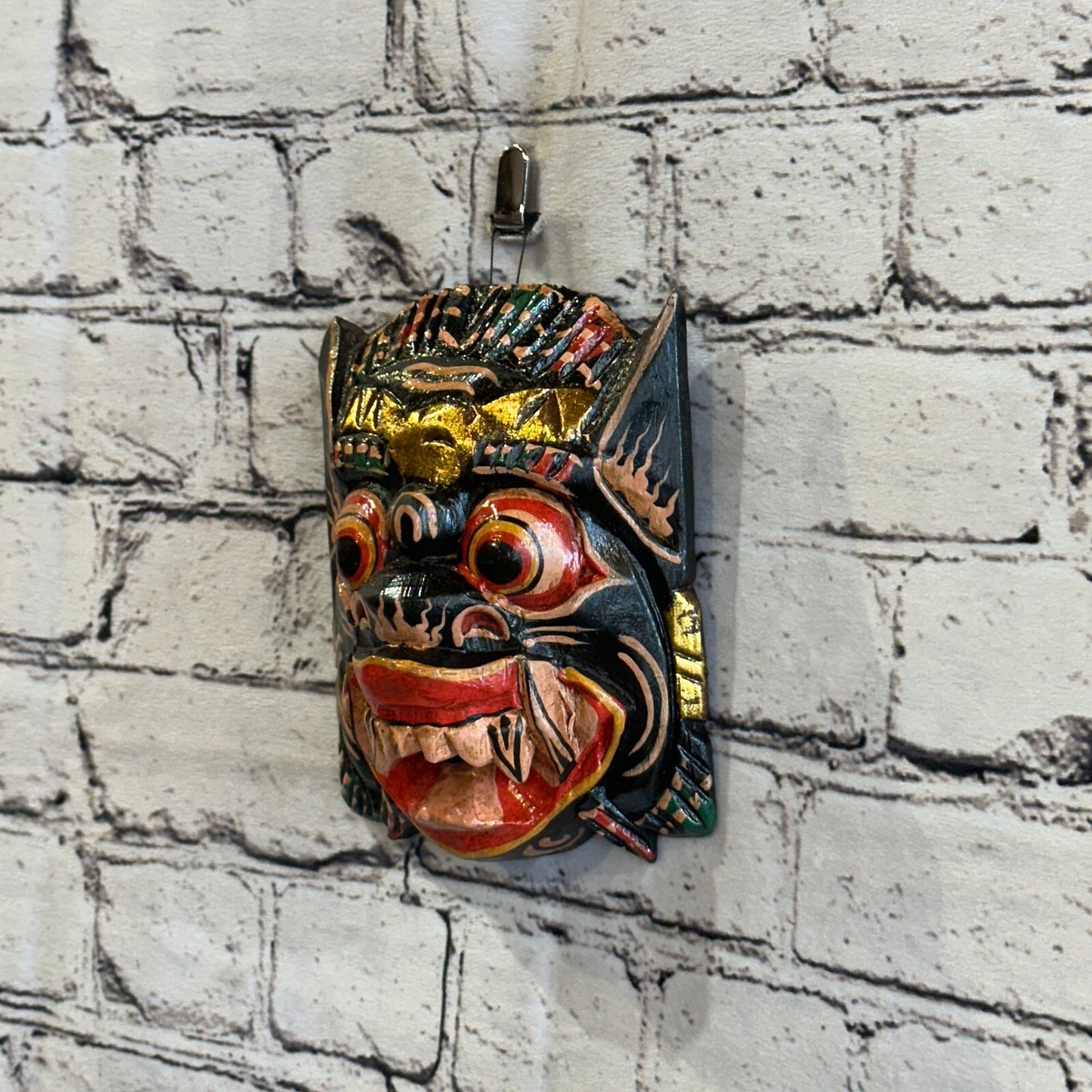 Small Wooden Black Barong Wall Mask 15cm x 12cm Handmade And Fairtrade Hindu1