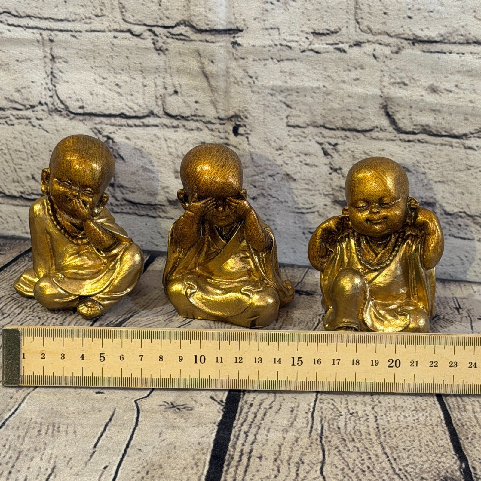Bronze 10cm Set Of 3 Wise Buddha Monks Sitting On Seat Statue Resin Hindu4