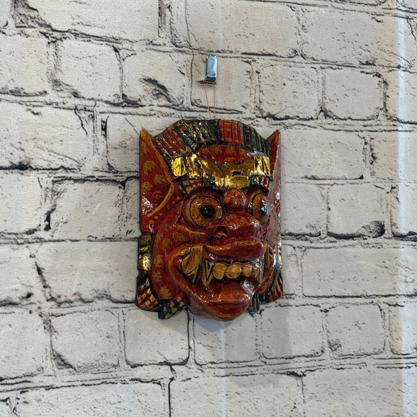 Medium Wooden Red Barong Wall Mask 15cm x 15cm Handmade And Fairtrade Hindu0