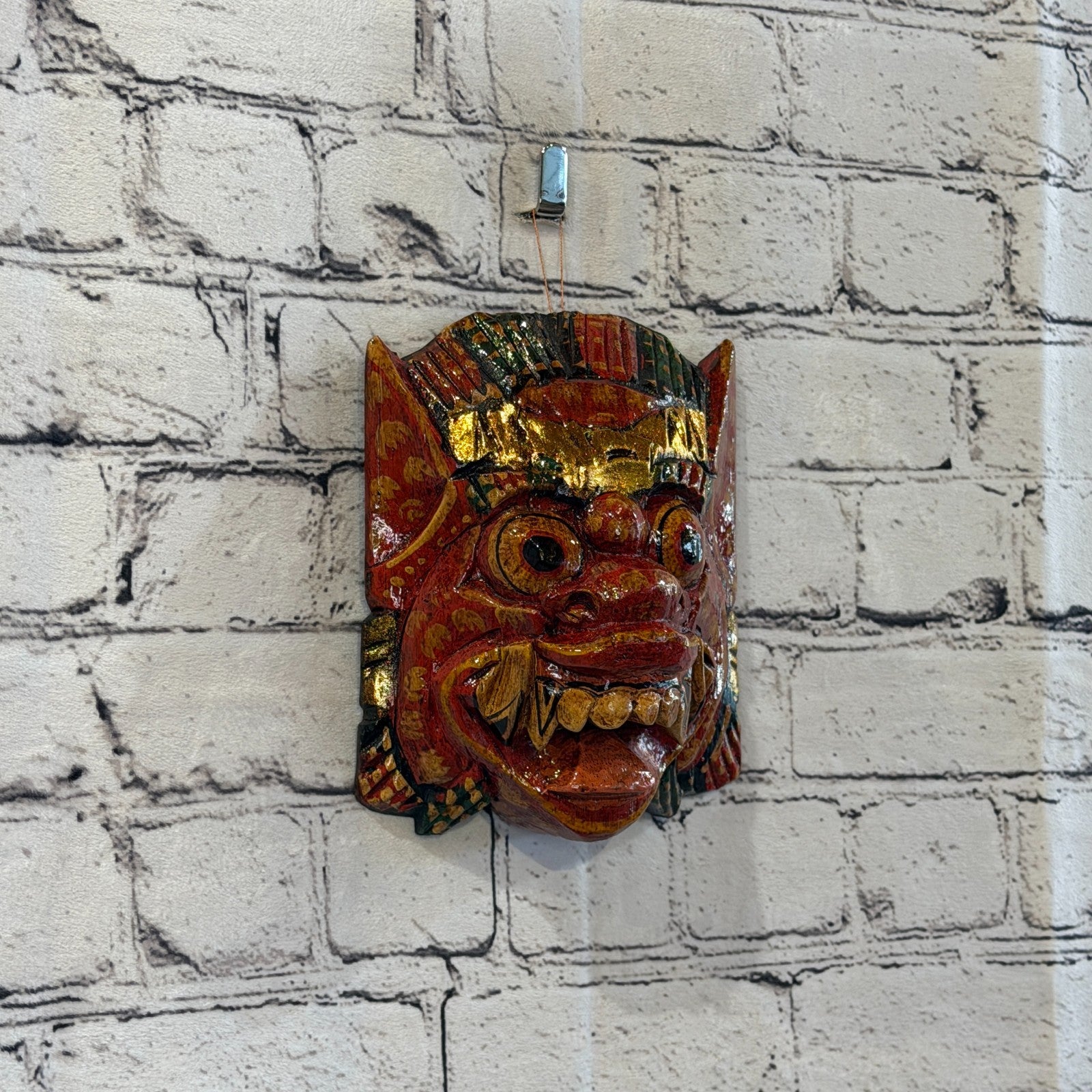 Medium Wooden Red Barong Wall Mask 15cm x 15cm Handmade And Fairtrade Hindu0