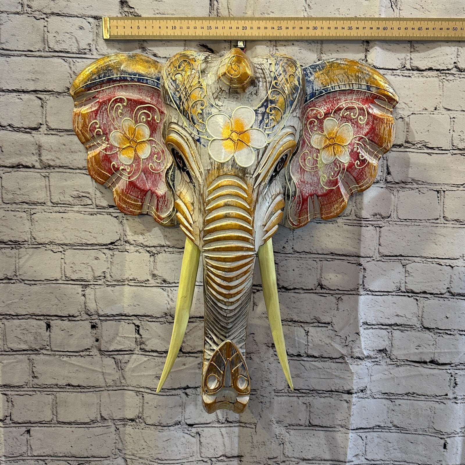 50cm x 45cm Pink Flower Painted Wood Elephant Head Wall Mounted Art Shabby3