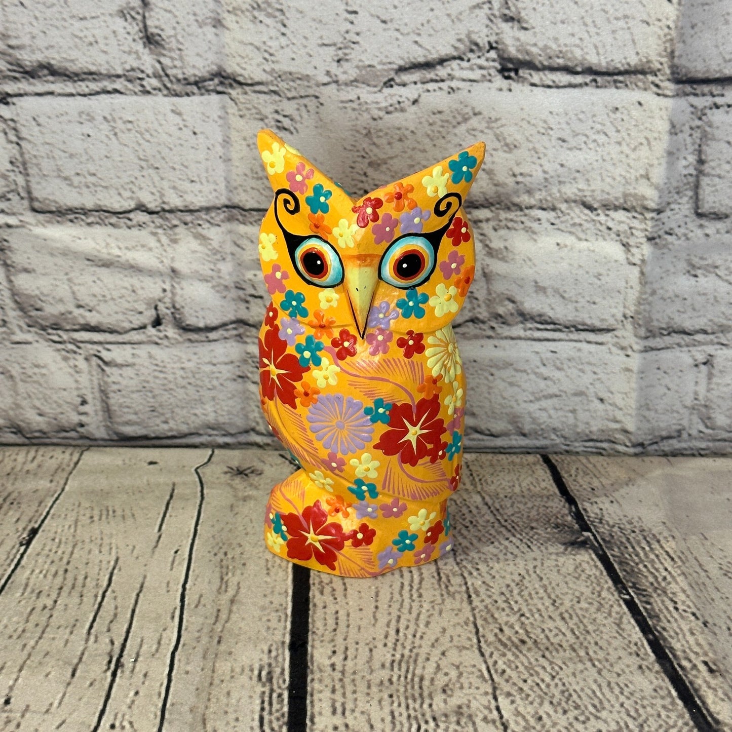 Orange Medium Wooden Owl With Flower Pattern 15cm x 8cm Handmade and Fairtrade0