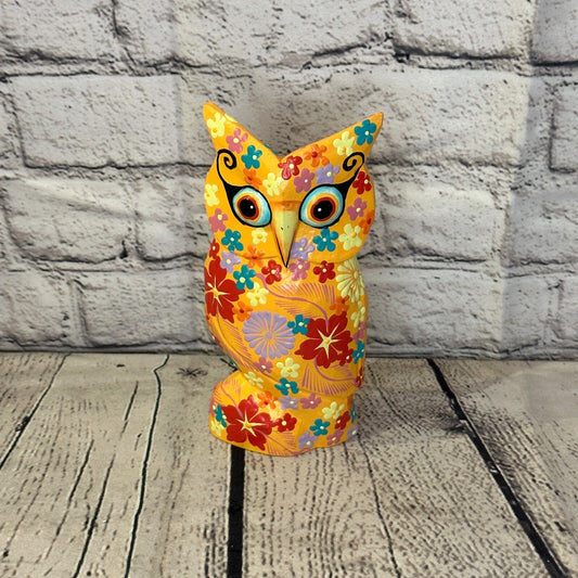 Orange Medium Wooden Owl With Flower Pattern 15cm x 8cm Handmade and Fairtrade0