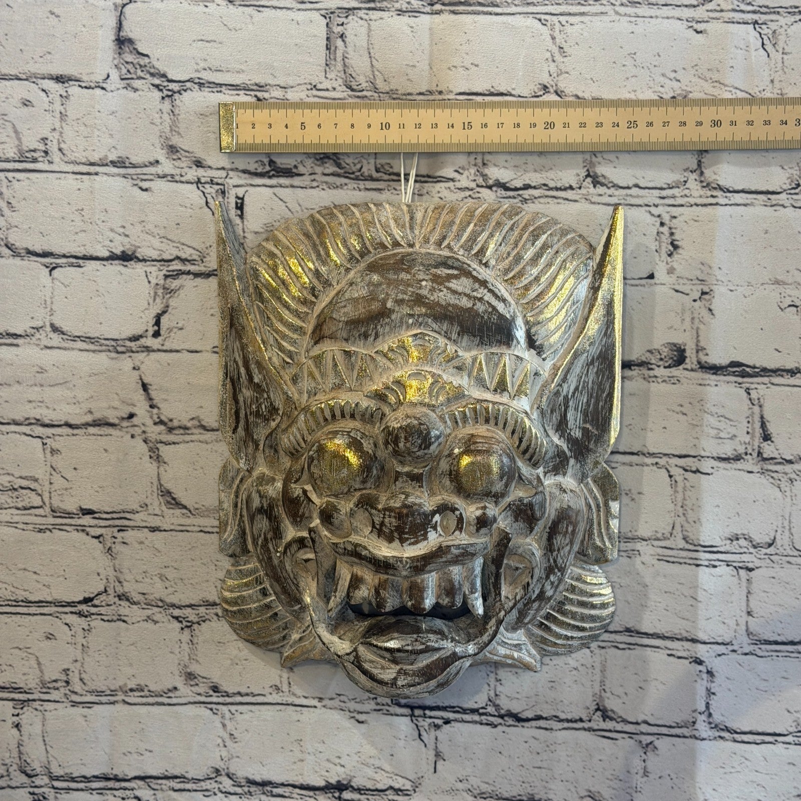 Brown With Gold Barong Wall Mask 30cm x 25cm Handmade And Fairtrade Hindu3