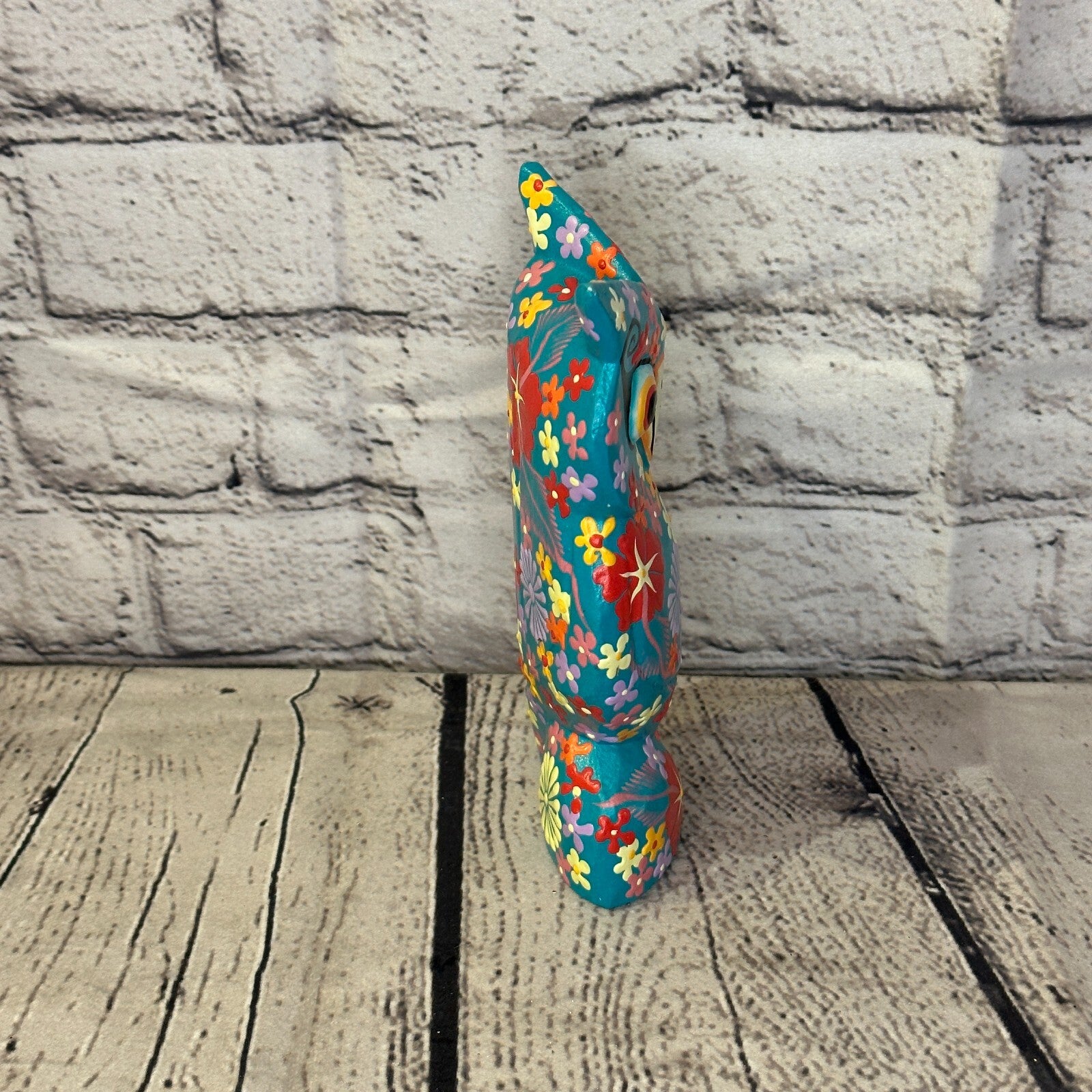 Blue Medium Wooden Owl With Flower Pattern 15cm x 8cm Handmade and Fairtrade3