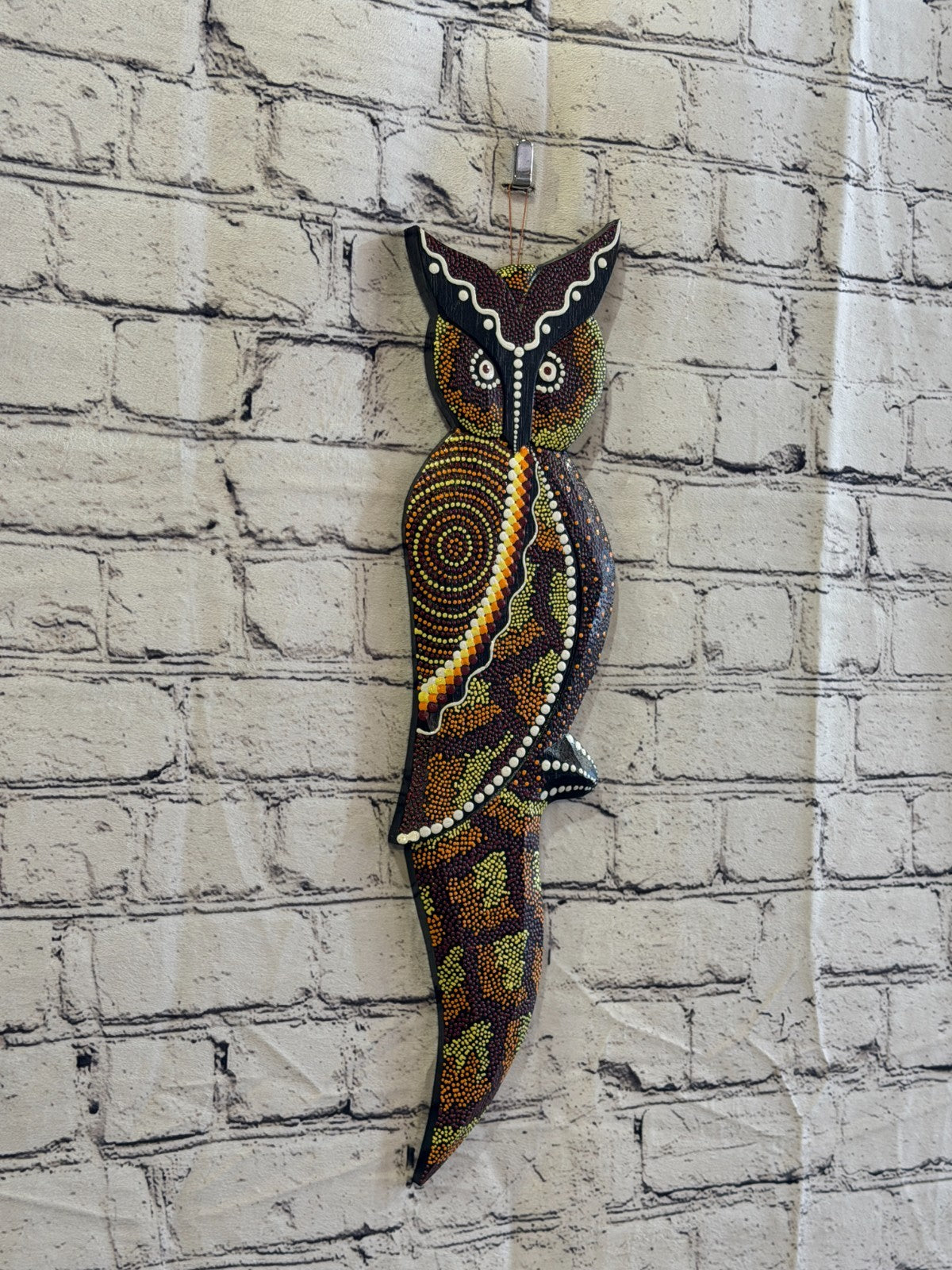 45cm Owl Bird Carved Wooden Dot Painted Ethnic Tribal Tiki Wall Art No 30