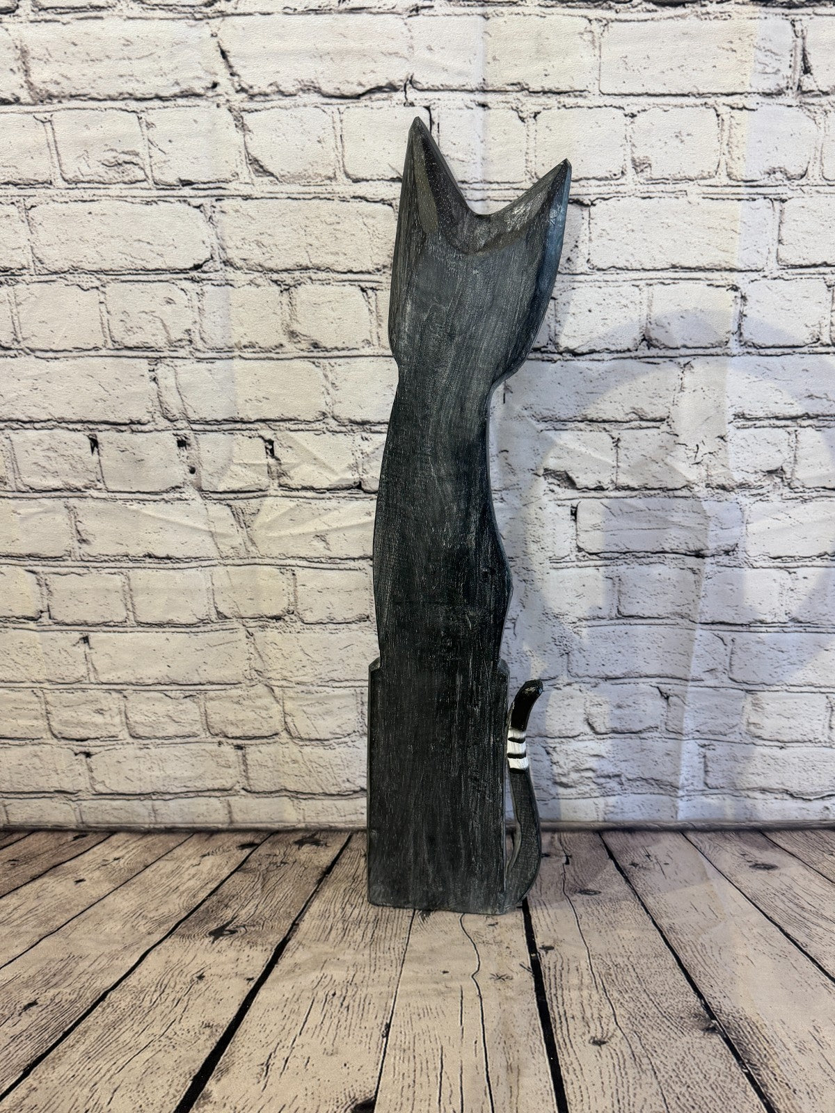 60cm Grey Flower Wooden Shabby Cat Statue Ornament Fair Trade Handcarved4