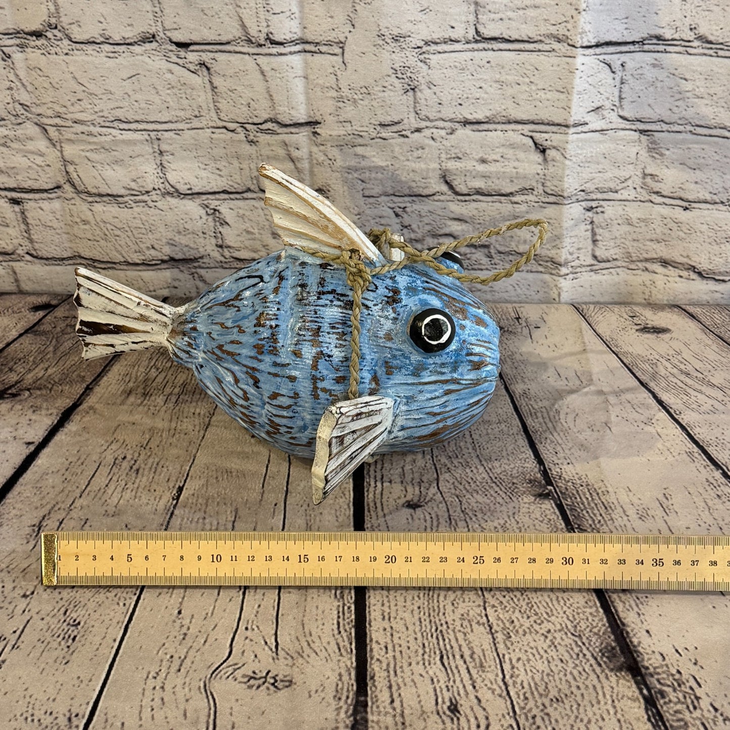 Blue White Fins Folk Art Painted Puffer Fish Coconut Shell Ornaments Hanging6