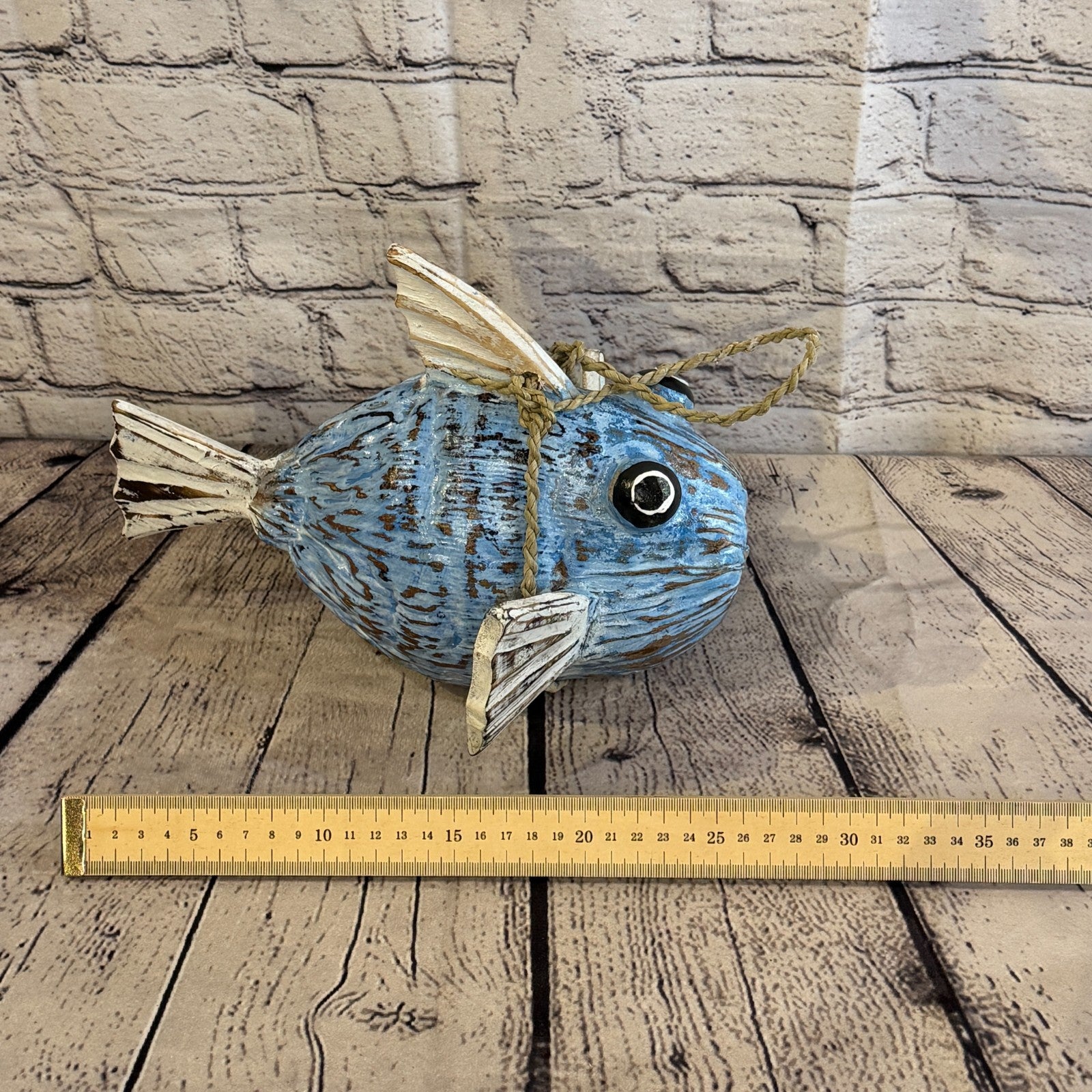 Blue White Fins Folk Art Painted Puffer Fish Coconut Shell Ornaments Hanging6