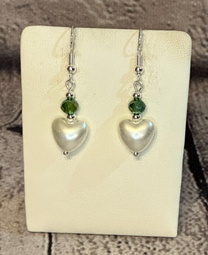 Green Crystal And White Heart Shaped Dangle Drop Earrings Handmade UK Jewellery0