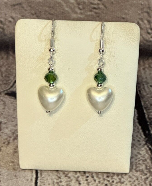 Green Crystal And White Heart Shaped Dangle Drop Earrings Handmade UK Jewellery0