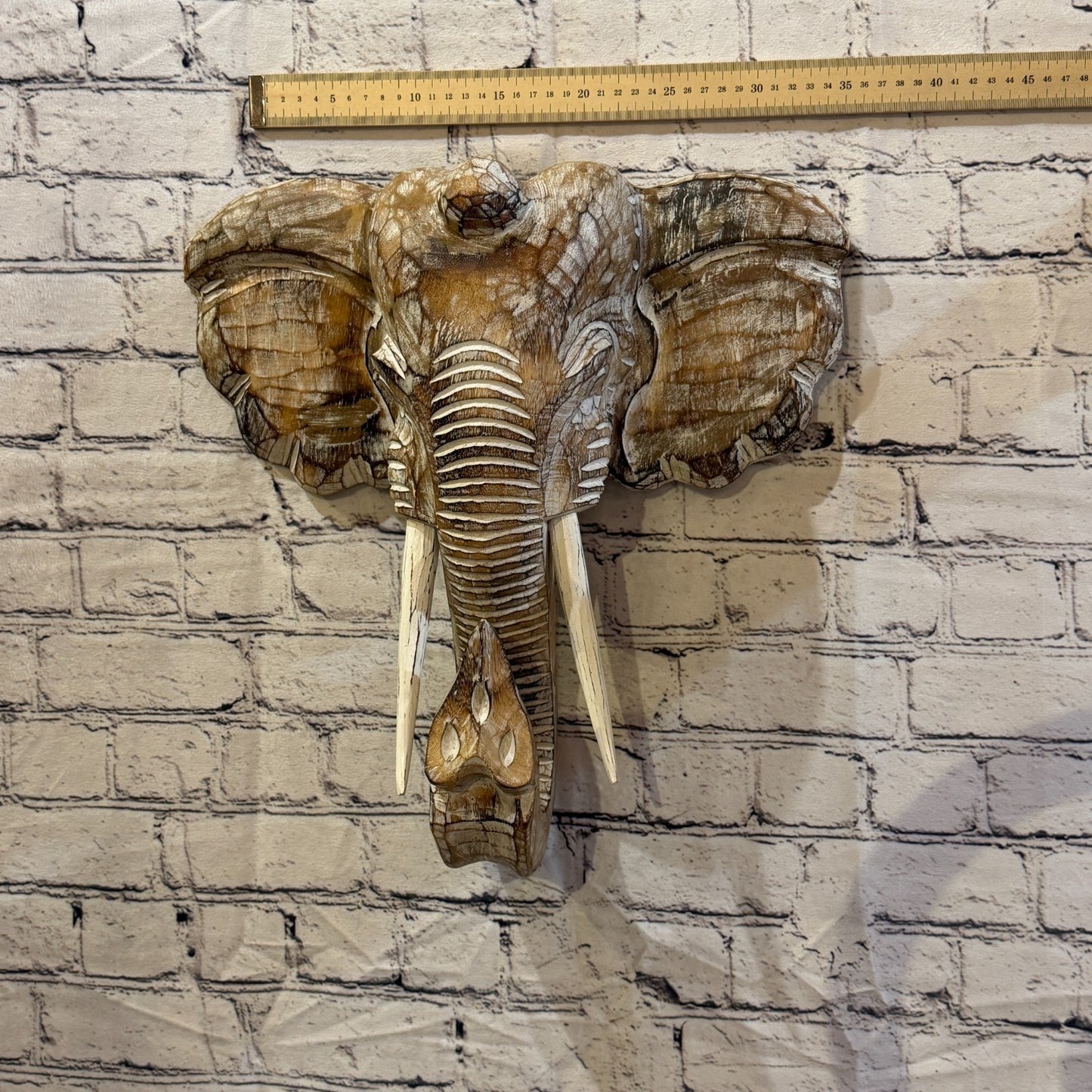 35cm x 35cm Plain Brown Painted Wood Elephant Head Wall Mounted Art Shabby3