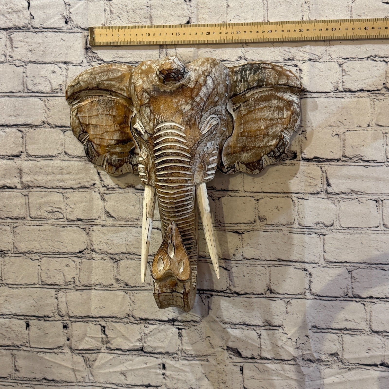 35cm x 35cm Plain Brown Painted Wood Elephant Head Wall Mounted Art Shabby3
