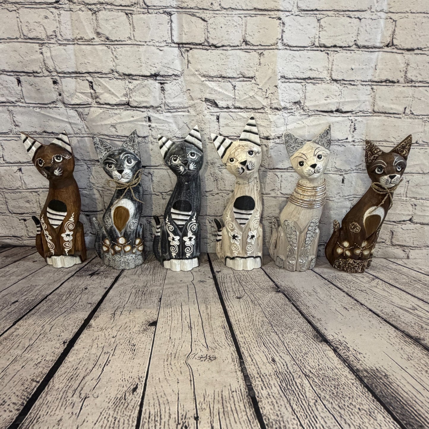 40cm Brown Flower Wooden Shabby Cat Statue Ornament Fair Trade Handcarved9