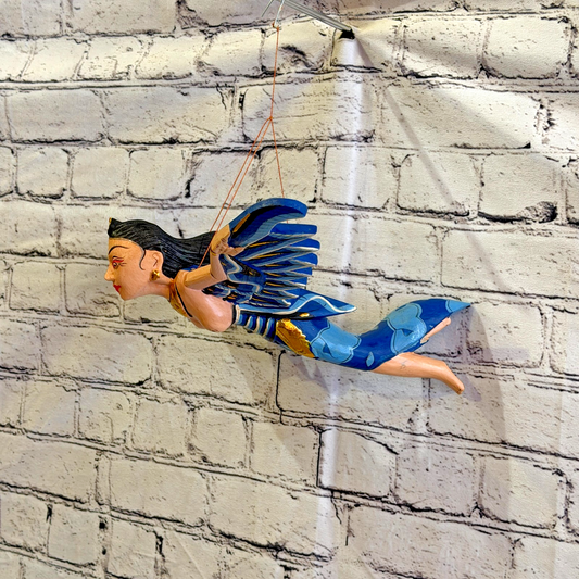 30cm Blue Sita Hindu Folk Art Carved Wood Flying Winged Mobile Spirit Guardian0