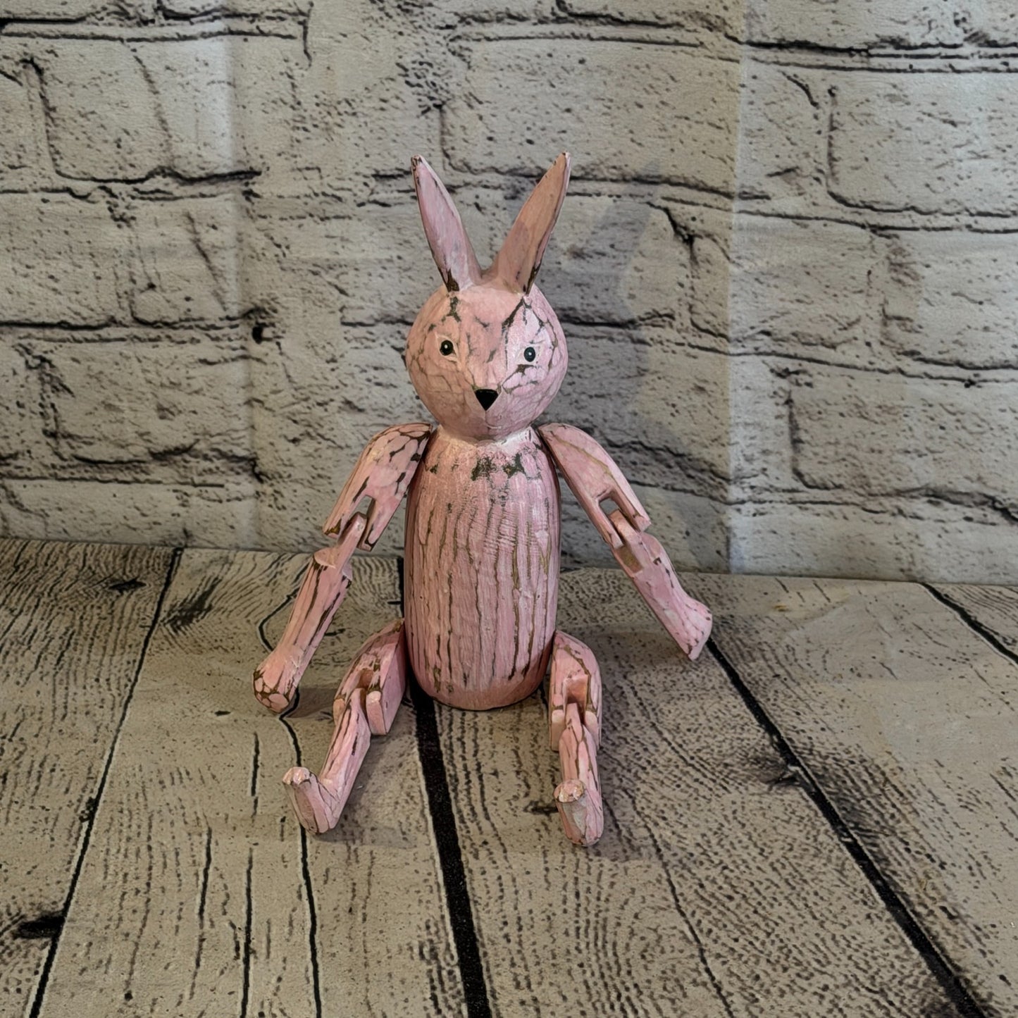 20cm Pink Bunny Rabbit Sitting Animal, Wooden Shelf Ornament Handmade Fairtrade1