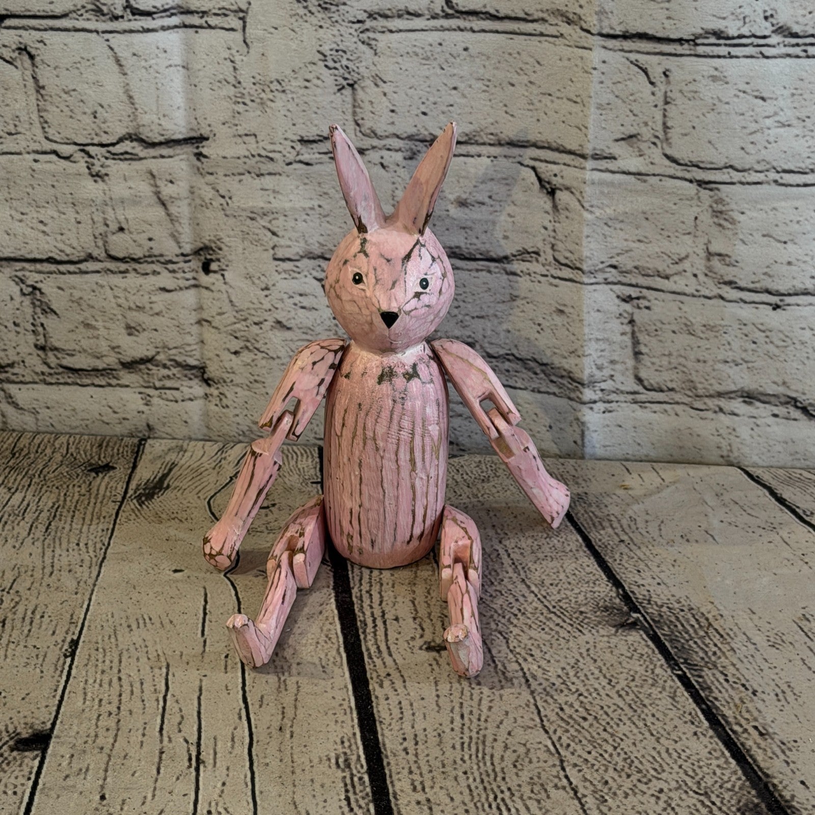 20cm Pink Bunny Rabbit Sitting Animal, Wooden Shelf Ornament Handmade Fairtrade1