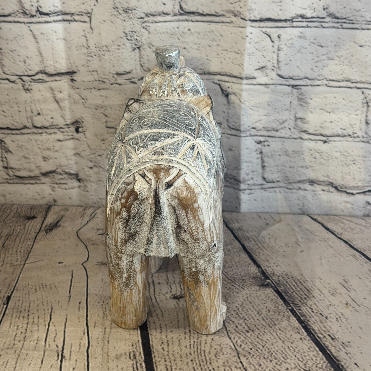 20cm x 20cm Brown Silver Wooden Standing Elephant Hand Carved & Painted5