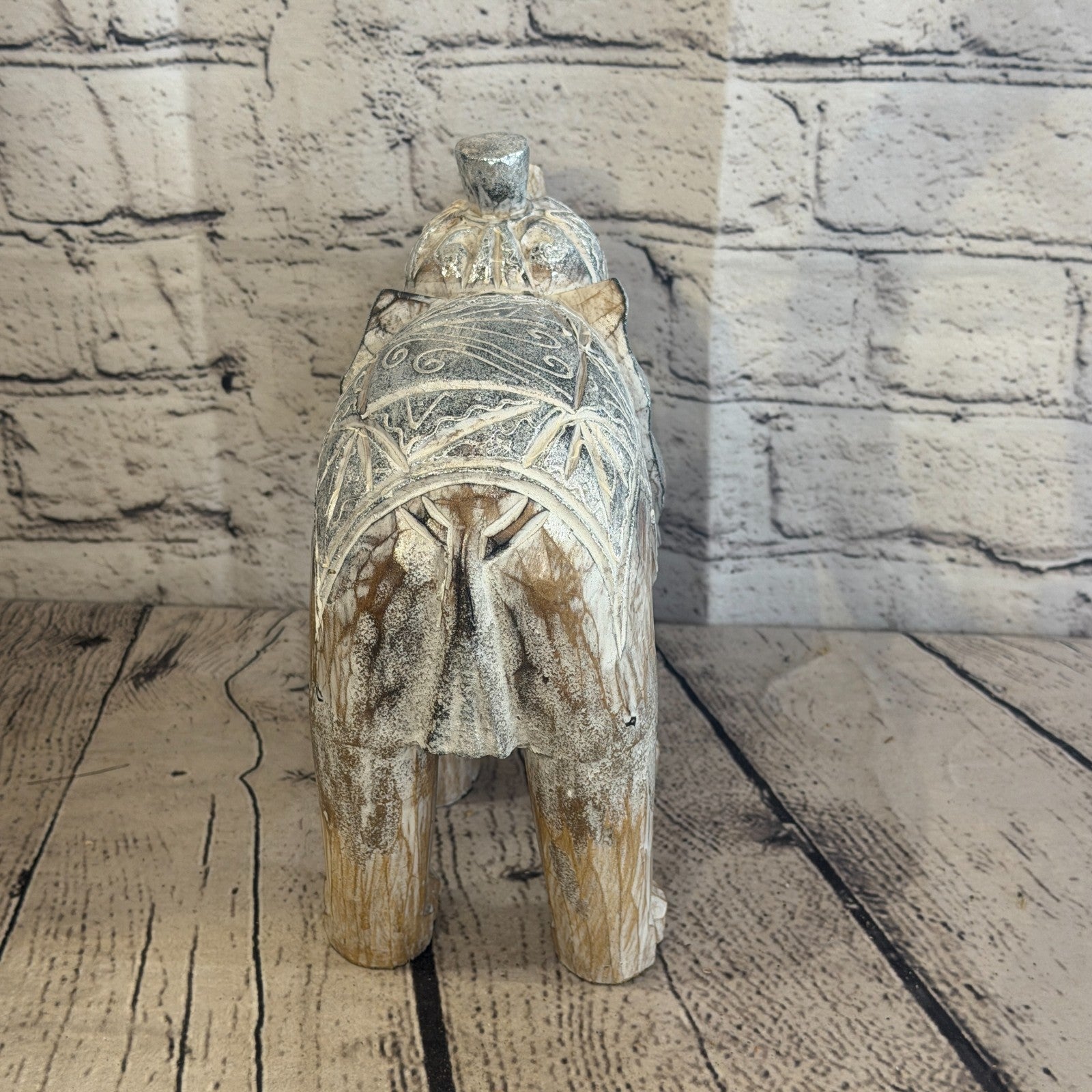 20cm x 20cm Brown Silver Wooden Standing Elephant Hand Carved & Painted5