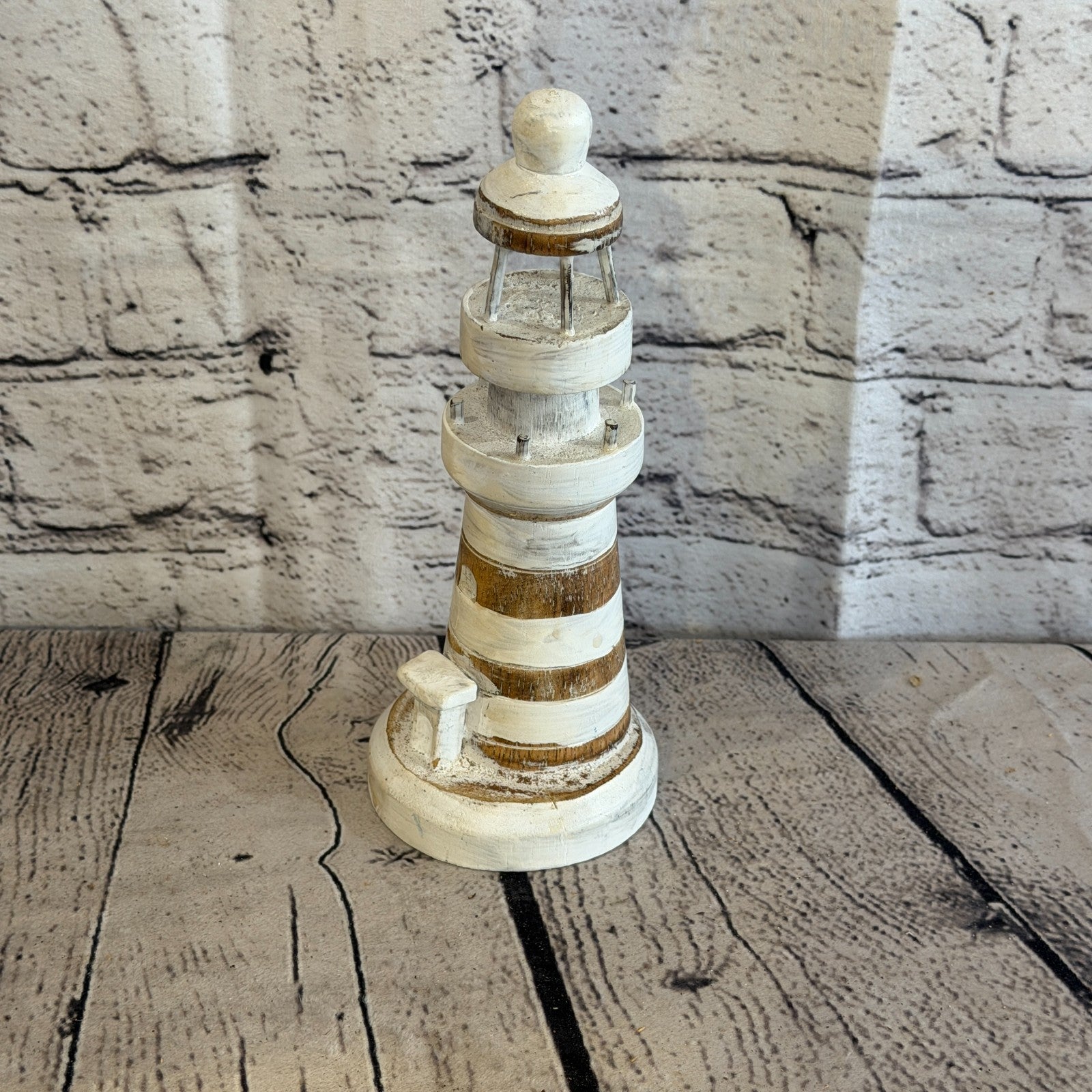20cm Cream White Wooden Lighthouse Detailed Ornament Nautical Coastal Sculpture0