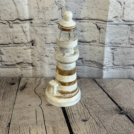 20cm Cream White Wooden Lighthouse Detailed Ornament Nautical Coastal Sculpture0