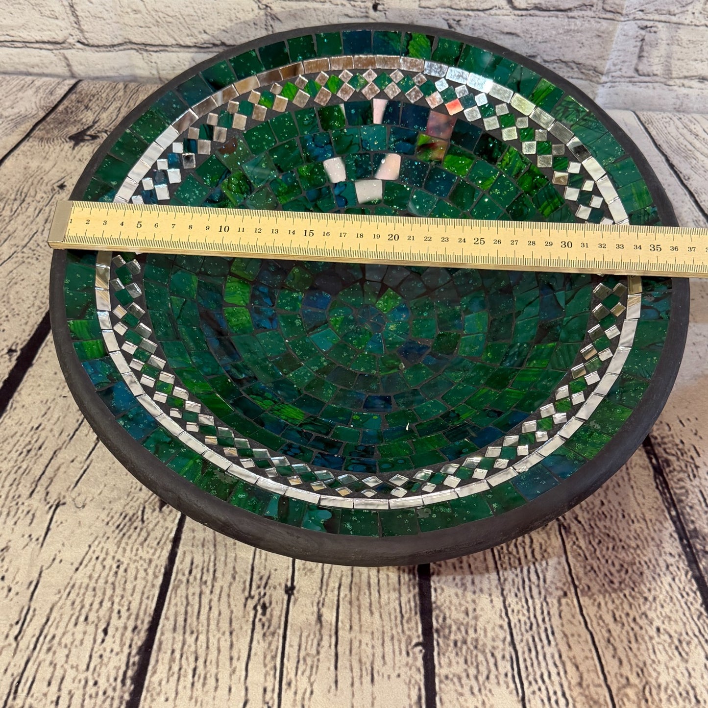 35cm Green Round Mirror Mosaic Handmade Ceramic Glass Tile Bowl Fruit1
