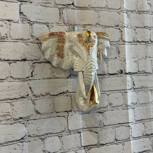 25cm x 25cm White Gold Painted Wood Elephant Head Wall Mounted Art Shabby0