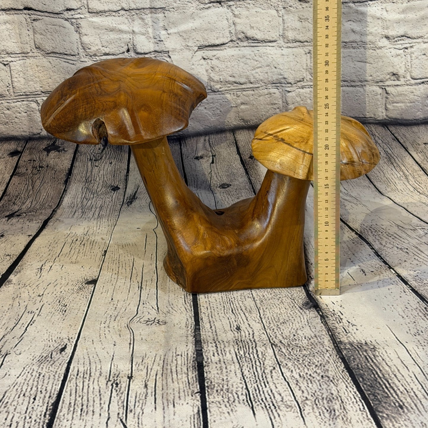 30cm x 35cm Double Wooden Mushroom Toadstool Sculpture Garden Teak Root Ornament5