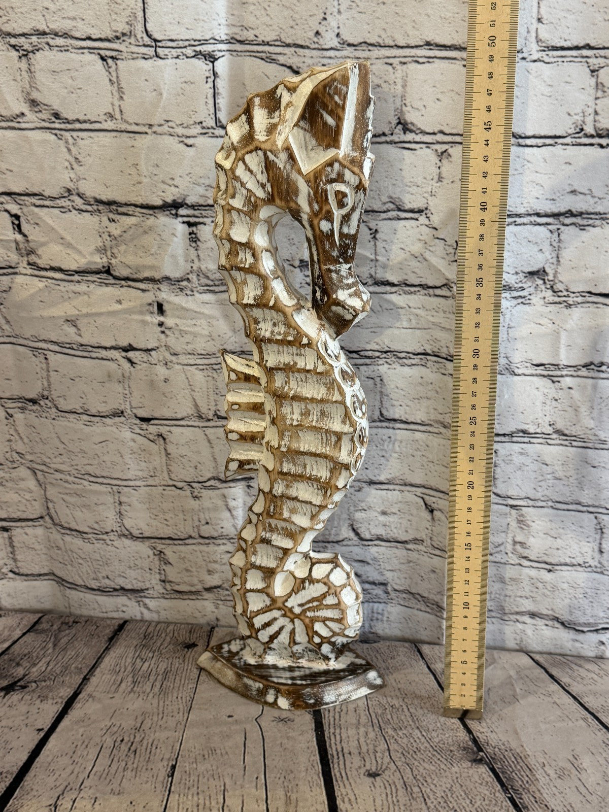 50cm Brown Wooden Shabby Seahorse Statue Ornament Fair Trade Handcarved5