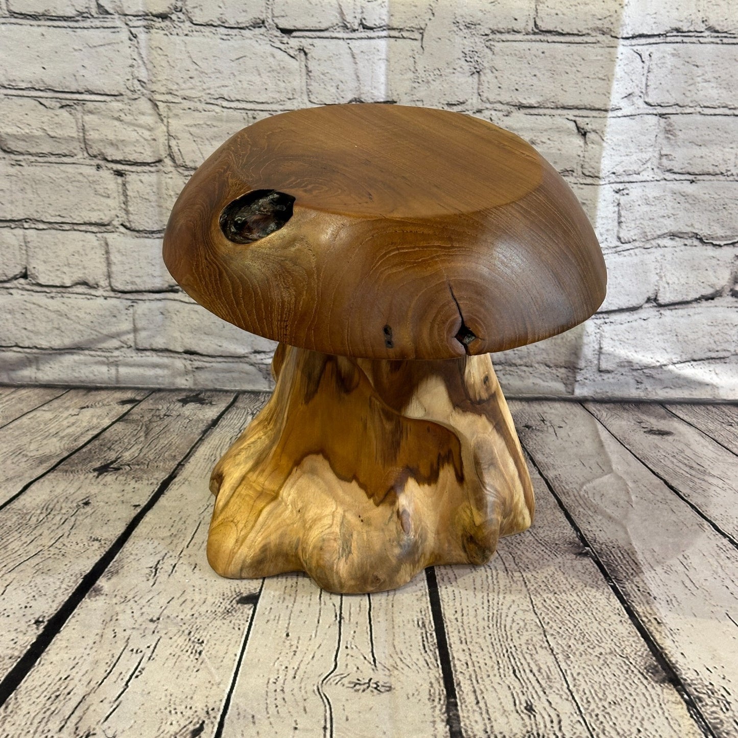 30cm x 25cm Wooden Mushroom Toadstool Sculpture Garden Teak Root Ornament Carved0