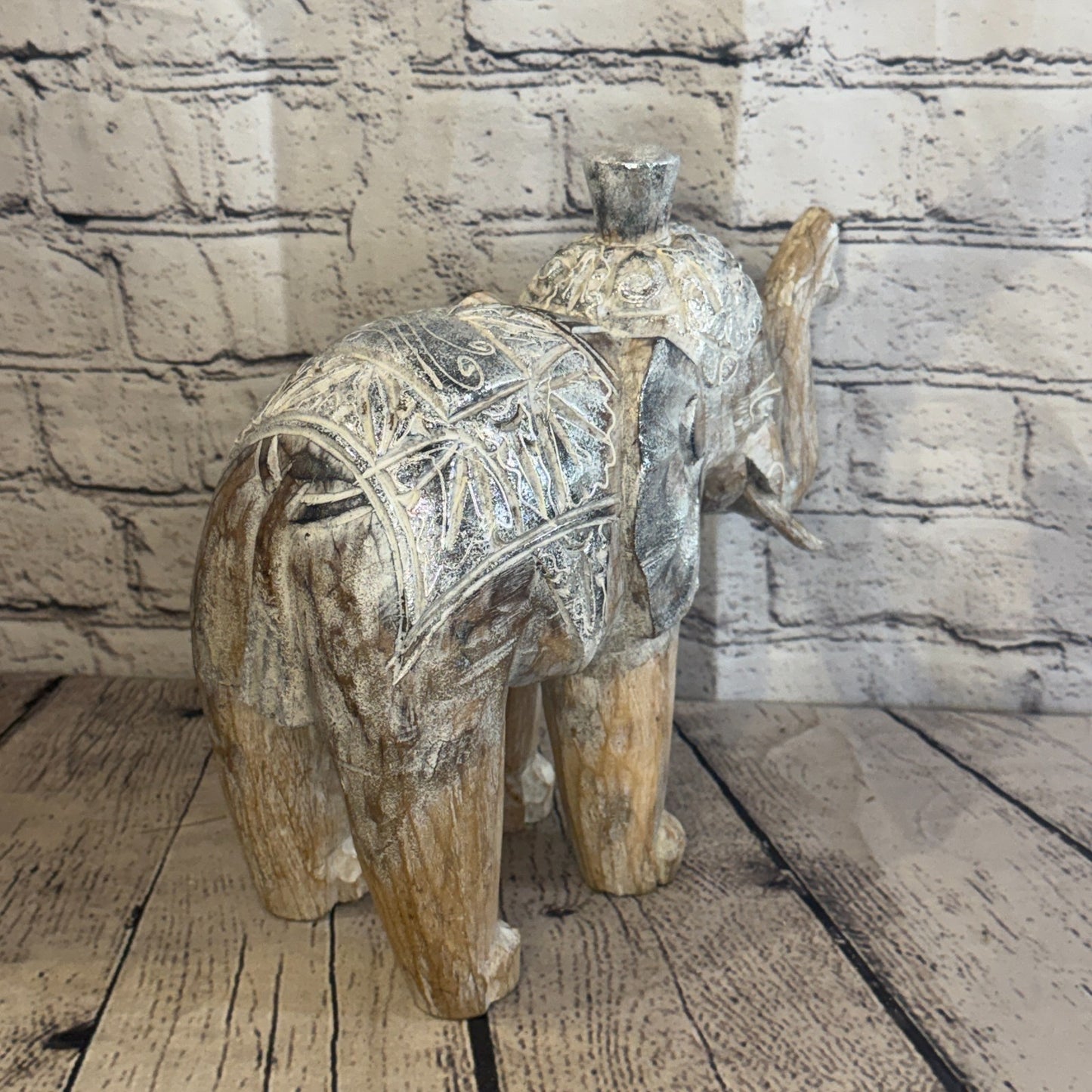 25cm x 25cm Brown Silver Wooden Standing Elephant Hand Carved & Painted4