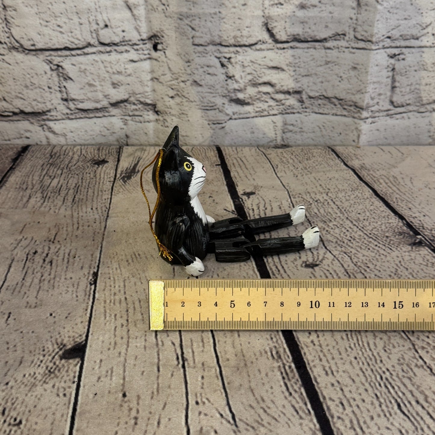 10cm Black White Cat Sitting Animal, Wooden Shelf Ornament Handmade Fairtrade7