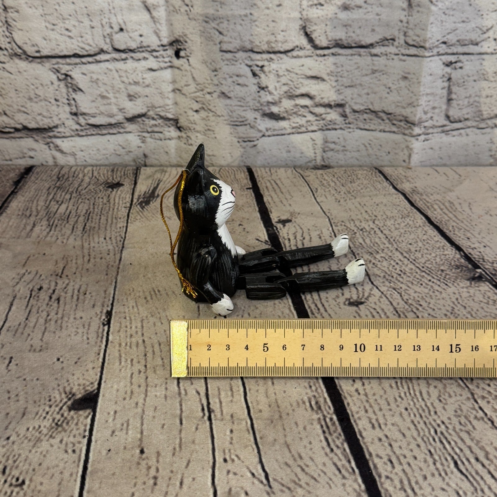 10cm Black White Cat Sitting Animal, Wooden Shelf Ornament Handmade Fairtrade7